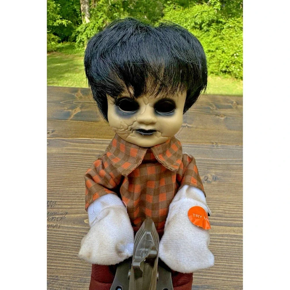 Creepy Animated Rocking Boy Doll Black Hollow Eyes Haunted Halloween Prop